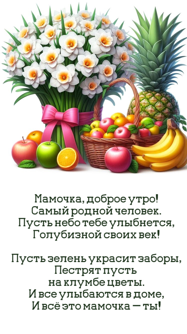 Мамочка, доброе утро! Самый родной человек. Пусть небо тебе улыбнется, Голубизной своих век! Пусть зелень украсит заборы, Пестрят пусть на клумбе цветы. И все улыбаются в доме, И всё это мамочка — ты!