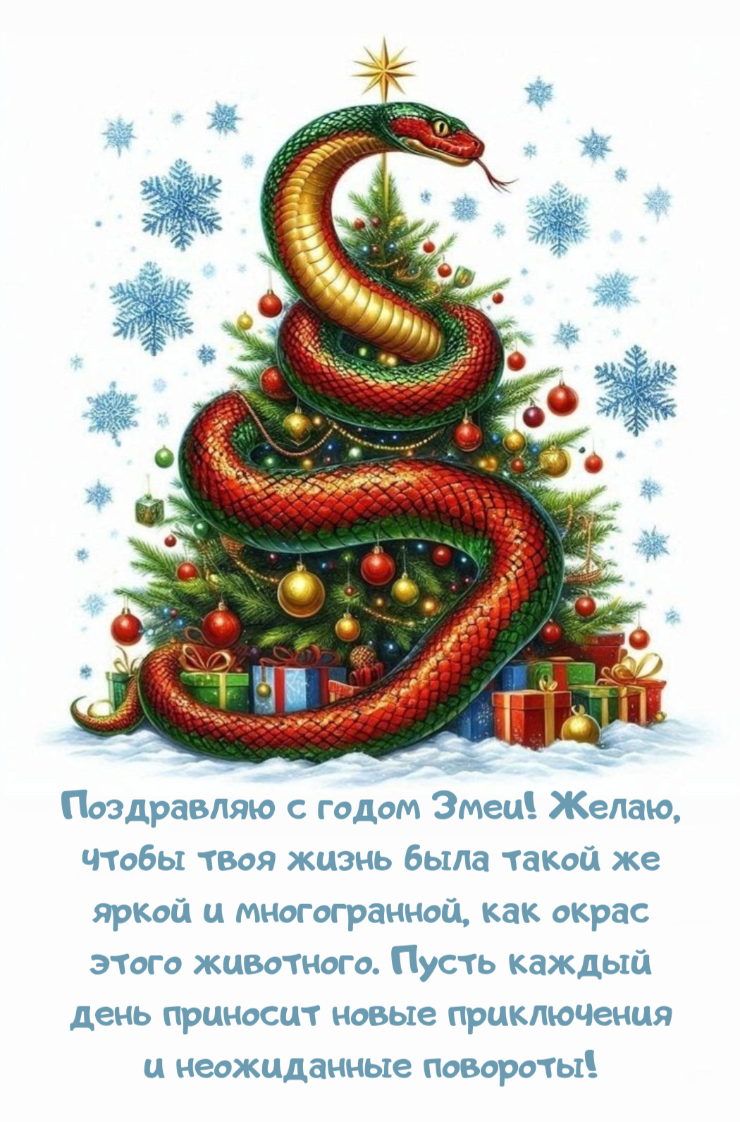 Поздравляю с годом Змеи! Желаю, чтобы твоя жизнь была такой же яркой и многогранной, как окрас этого животного. Пусть каждый день приносит новые приключения и неожиданные повороты!